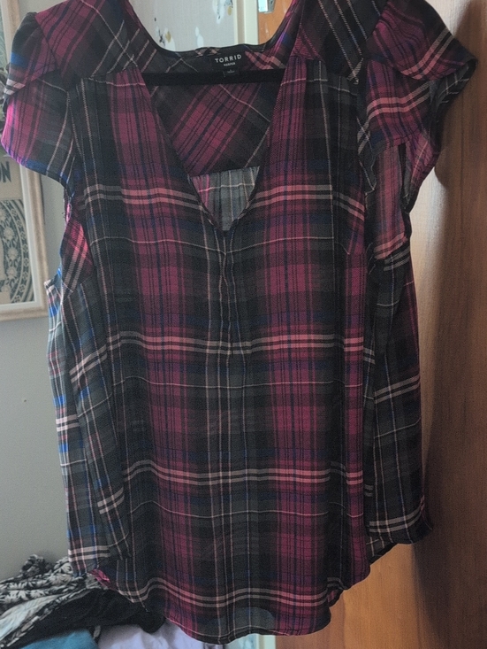 torrid Tops - torrid Pink and Black Plaid Split V Cap Sleeve Blouse